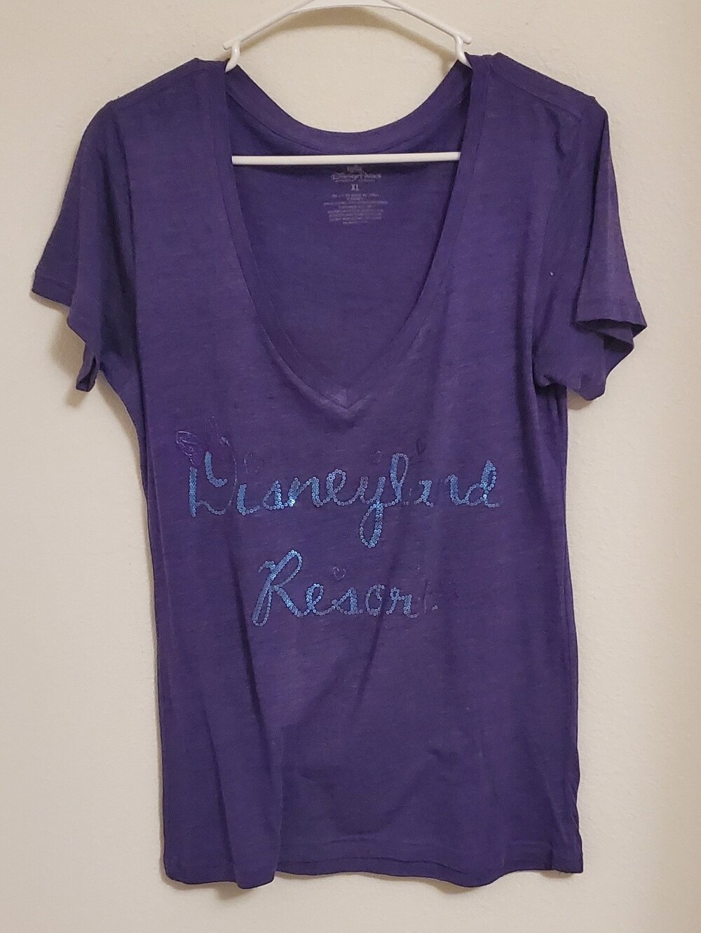 Disneyland Resort Purple Short Sleeve V-Neck Tee with Blue Glitter Script